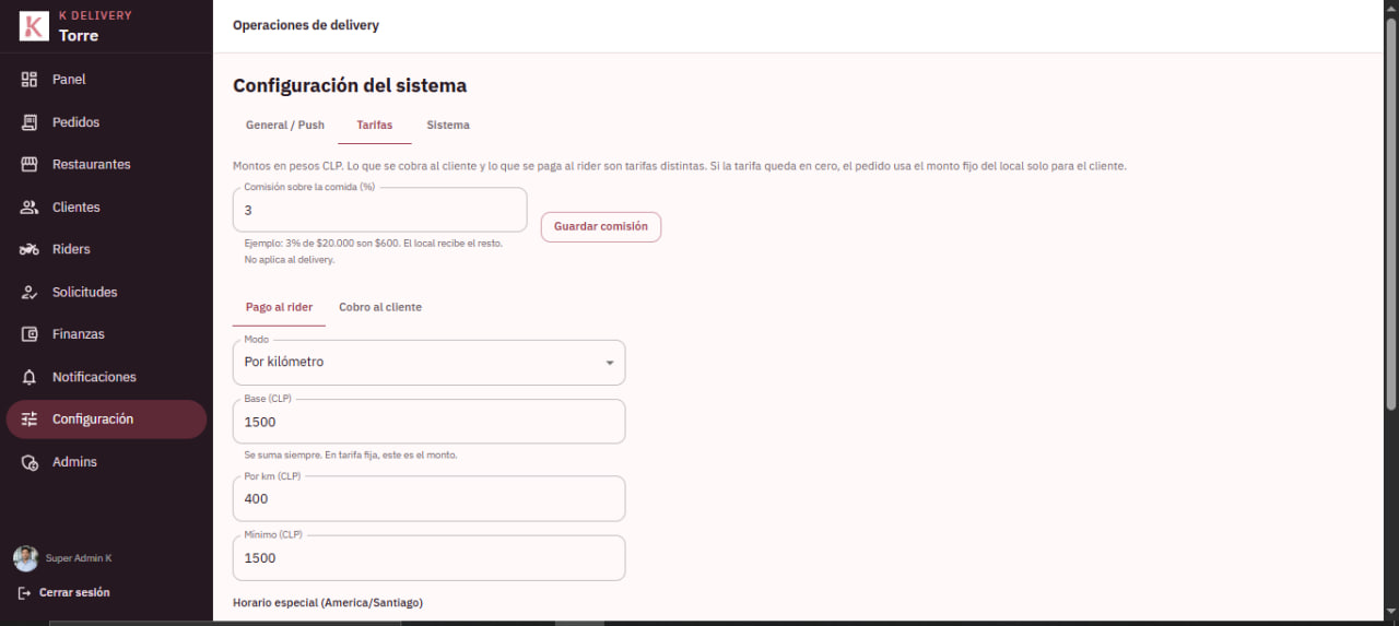 Configuración de tarifas en pesos: comisión, base y pago por kilómetro.