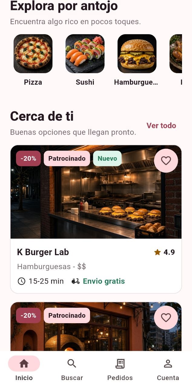 Categorías Pizza, Sushi y Hamburguesa, y el local K Burger Lab con nota 4.9.