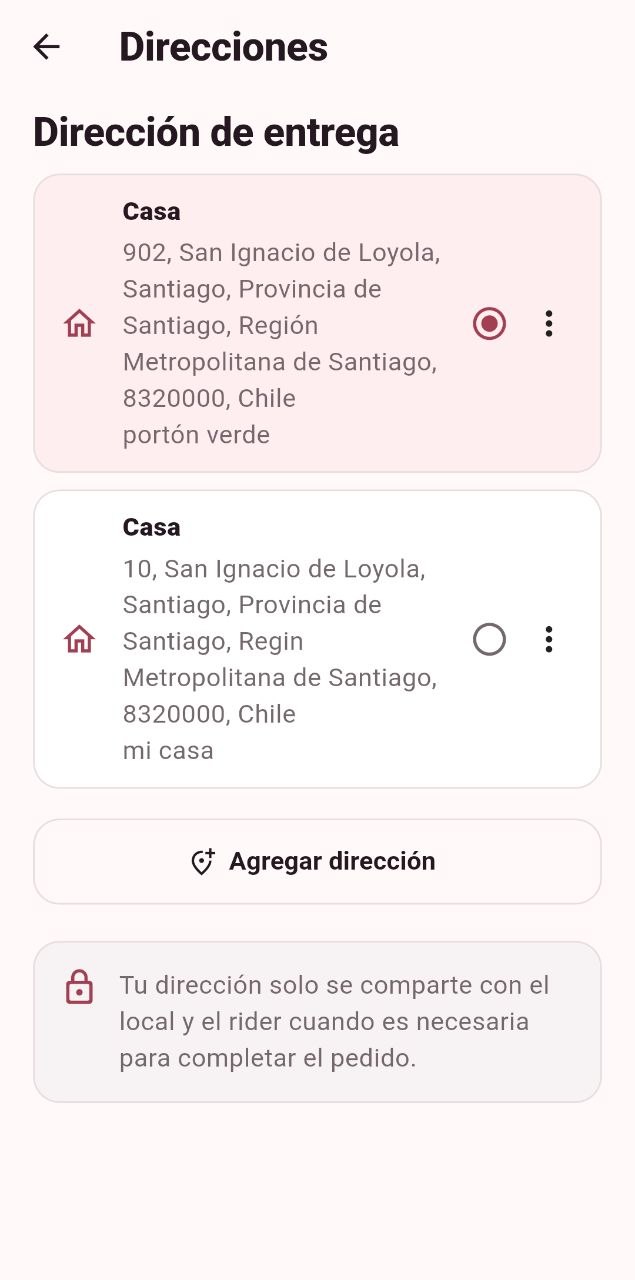 Dos direcciones guardadas en Santiago y un botón para agregar otra.