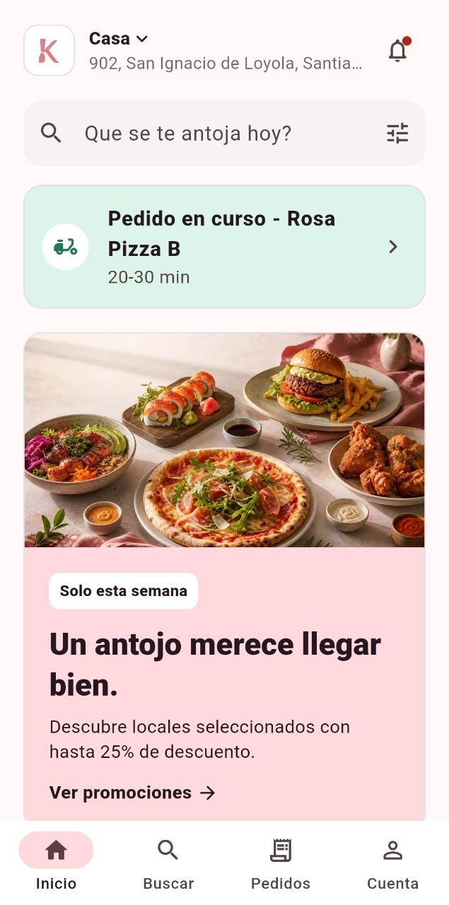 Inicio de la app de comida: dirección Casa, búsqueda, pedido en curso de Rosa Pizza B y una promoción.
