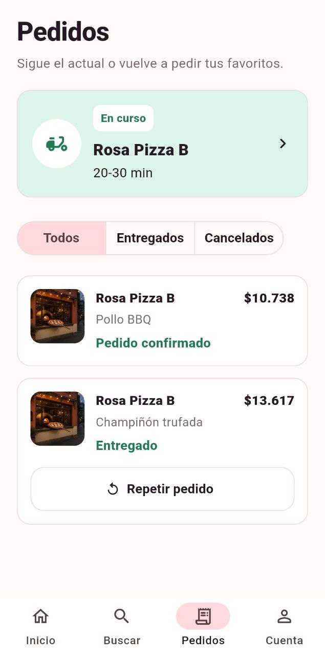 Lista de pedidos de Rosa Pizza B, uno en curso y otro entregado, con botón Repetir pedido.