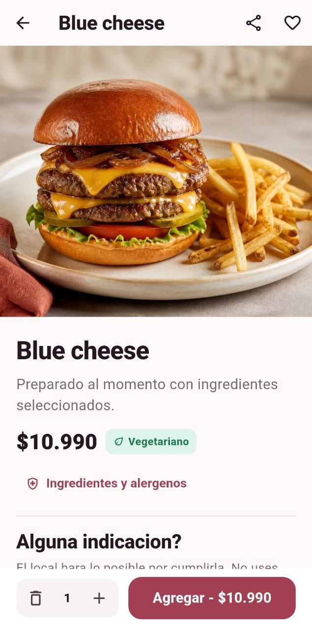 Ficha del plato Blue cheese a $10.990, con cantidad y botón Agregar.