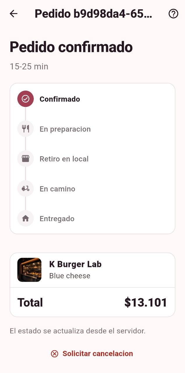 Pedido confirmado de K Burger Lab con la línea de estados y el total $13.101.