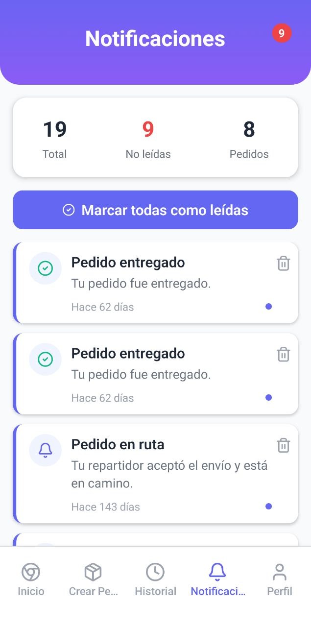 Lista de notificaciones: pedido entregado y pedido en ruta.