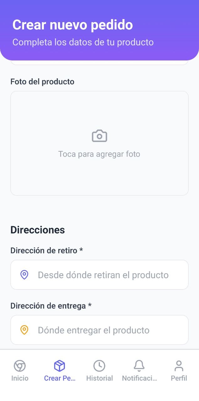 Formulario para crear un pedido con foto, dirección de retiro y dirección de entrega.