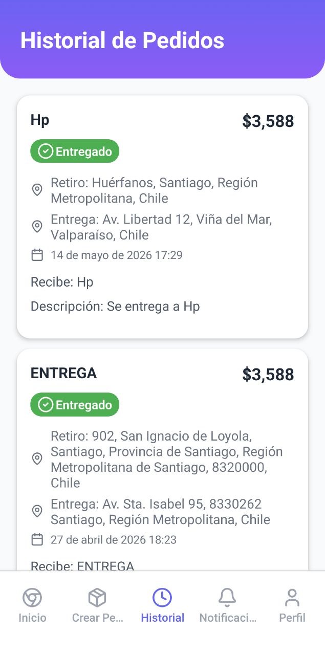 Historial de pedidos entregados con direcciones de retiro y entrega en Chile.