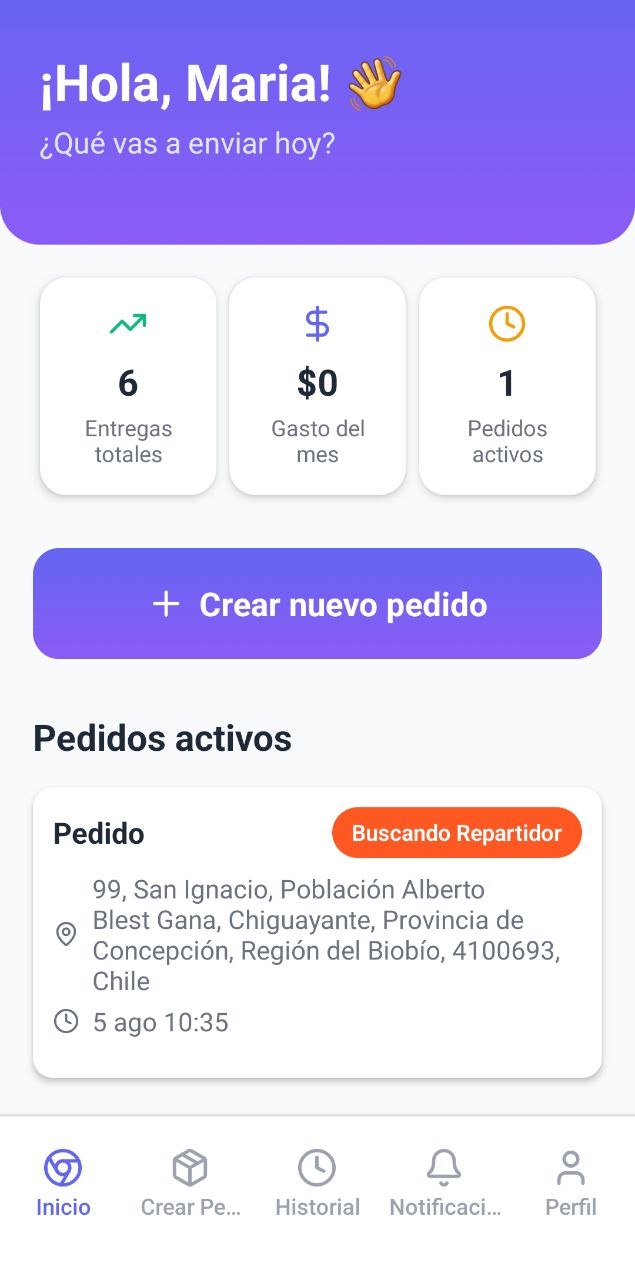 Inicio de la app de encomiendas con saludo, entregas totales y un pedido buscando repartidor.