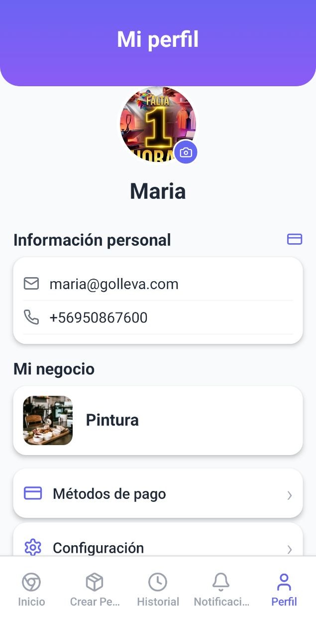 Perfil de la cuenta con datos personales, negocio y métodos de pago.