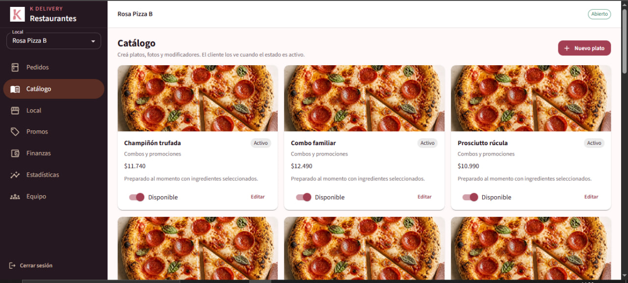 Catálogo de Rosa Pizza B con pizzas, precios y un botón para crear un plato nuevo.