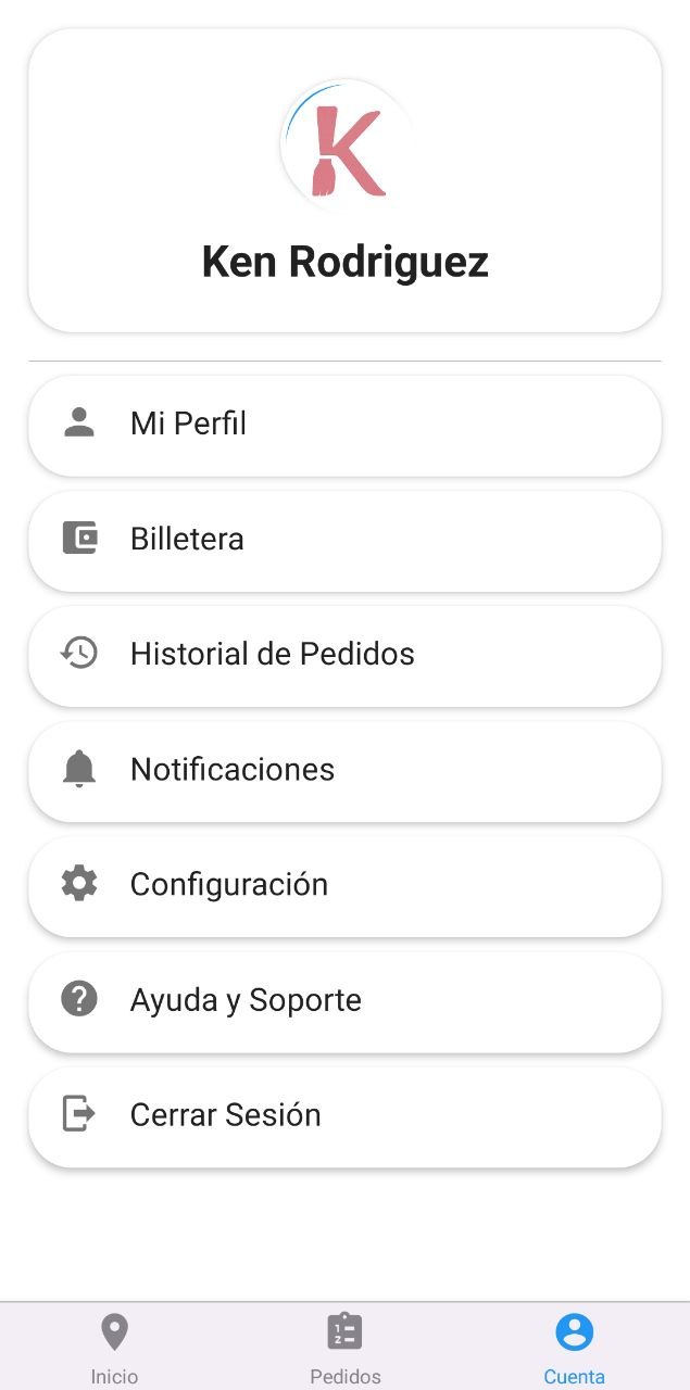 Menú de cuenta del repartidor con perfil, billetera, historial y soporte.