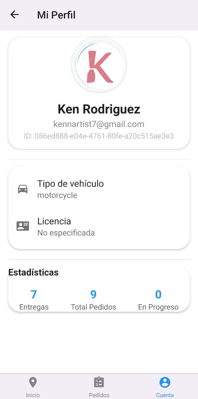 Perfil del repartidor con tipo de vehículo y estadísticas de entregas.