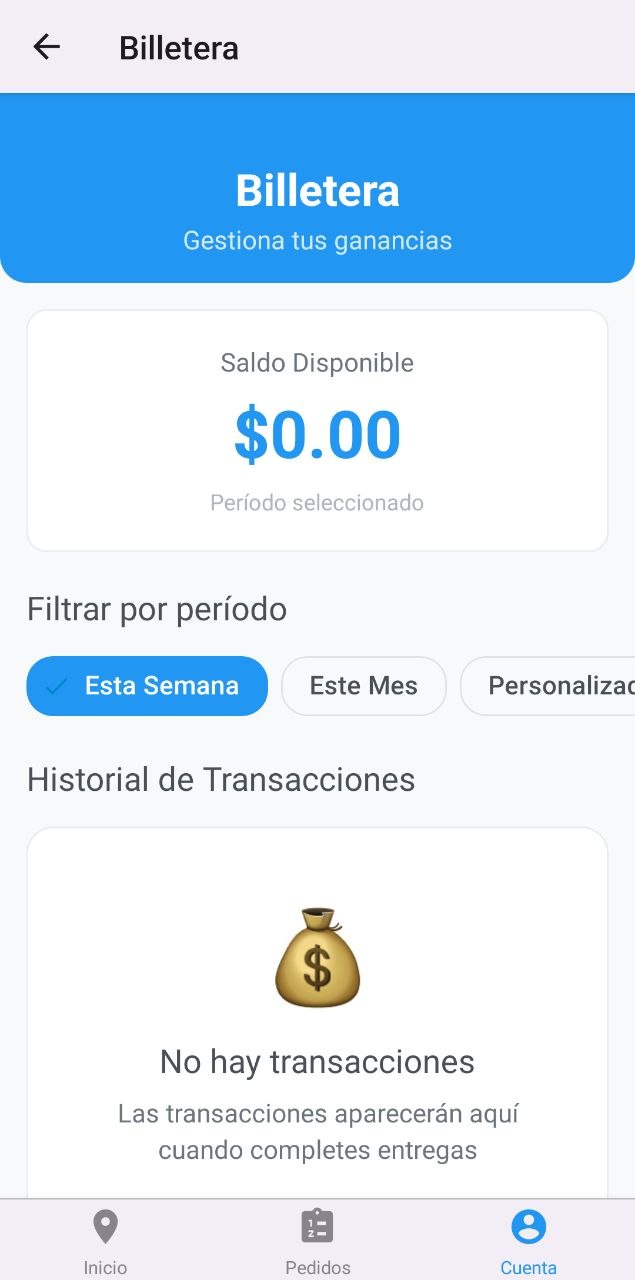 Billetera del repartidor con saldo disponible y filtro por semana o mes.