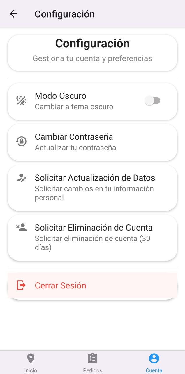 Ajustes del repartidor: tema, contraseña y solicitud de cambios de datos.