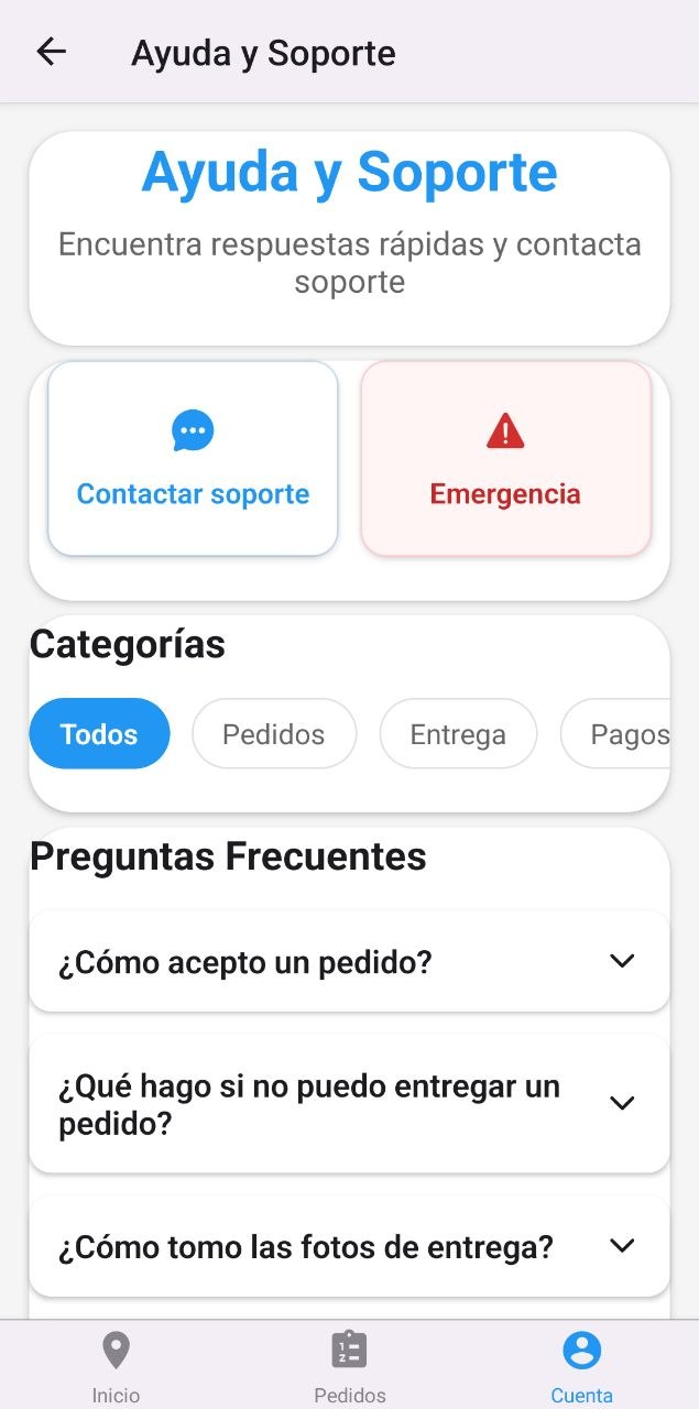 Ayuda y soporte del repartidor, con emergencia y preguntas frecuentes.