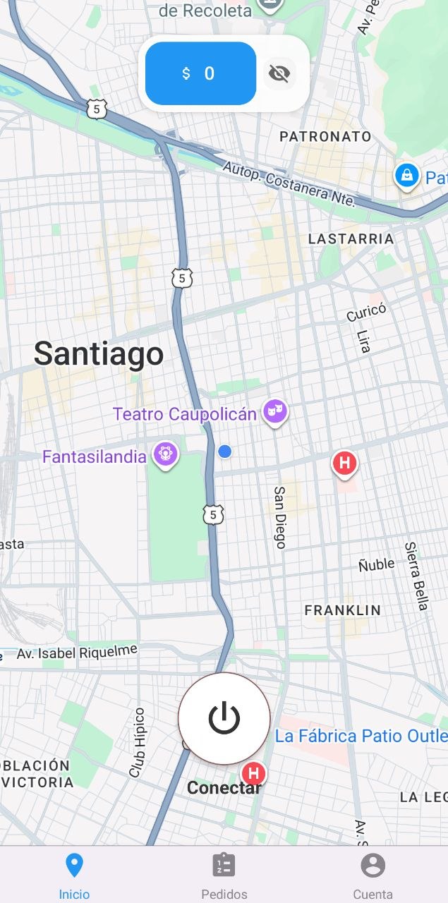 Mapa de Santiago con un botón grande de Conectar y el saldo del día.