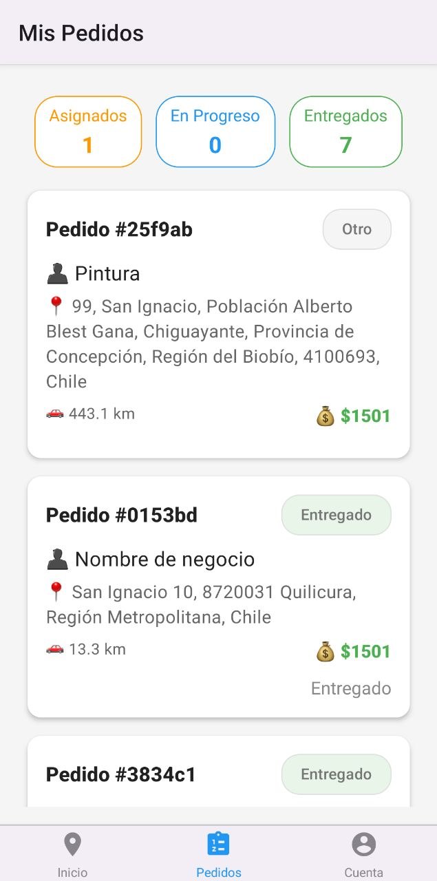 Mis Pedidos del repartidor: uno asignado y otros entregados, con monto en pesos.
